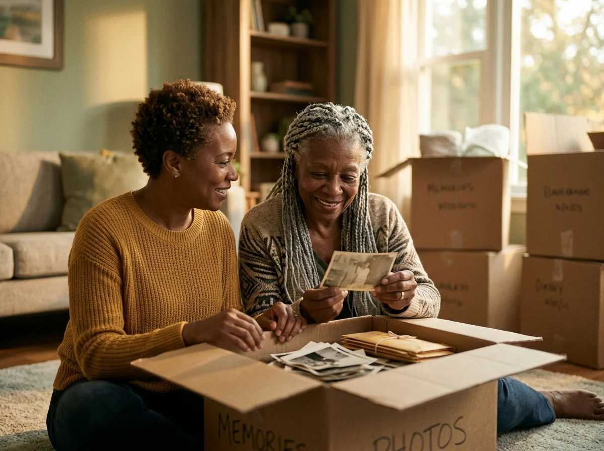 An adult daughter and her senior mother sitting together sorting a box of family photographs while downsizing before a move