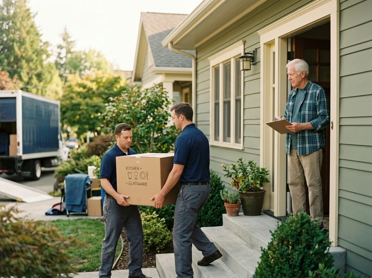 Two professional movers carrying a labeled kitchen box down the front steps while a senior homeowner watches from the doorway with a checklist